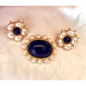 Napier Pin & Earrings Set Pearl with Blue Lapis Color